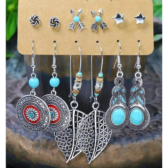 New‎ 6 Pair Silver Turquoise Boho Patina Feather Hoops Dangle Geometric Earrings - Picture 1 of 1